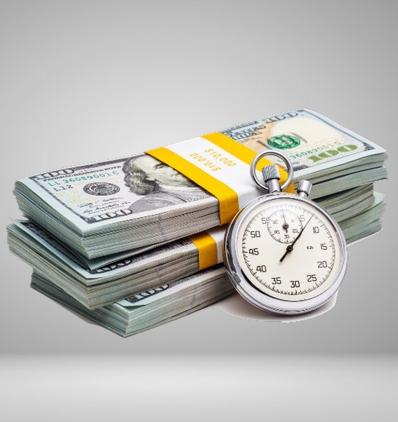 Stack of hundred-dollar bills with a stopwatch, symbolizing an instant cash advance in minutes and fast loan approval in Provo, South Jordan, Pleasant Grove, Kearns, Midvale, and Salt Lake City.